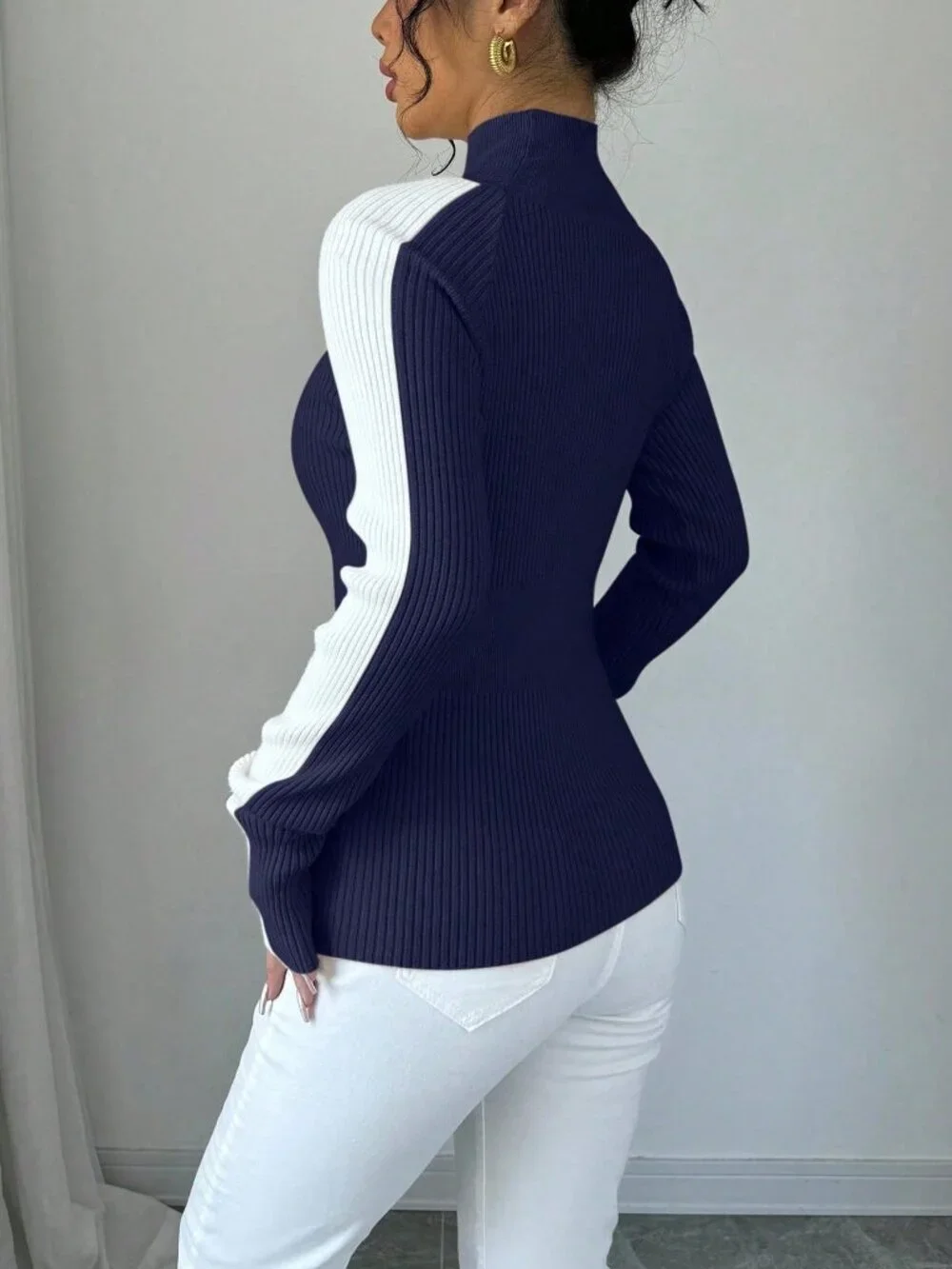 Blue Casual Women's Color Block Stand Collar Knit Sweater